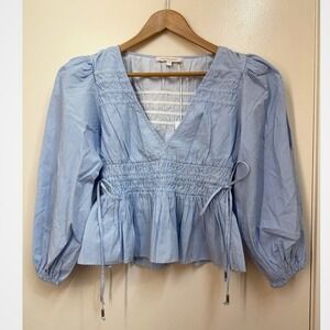 NWT Love the Label Blue Striped‎ Blouse Womens Small V Neck Puff Sleeve Smocked